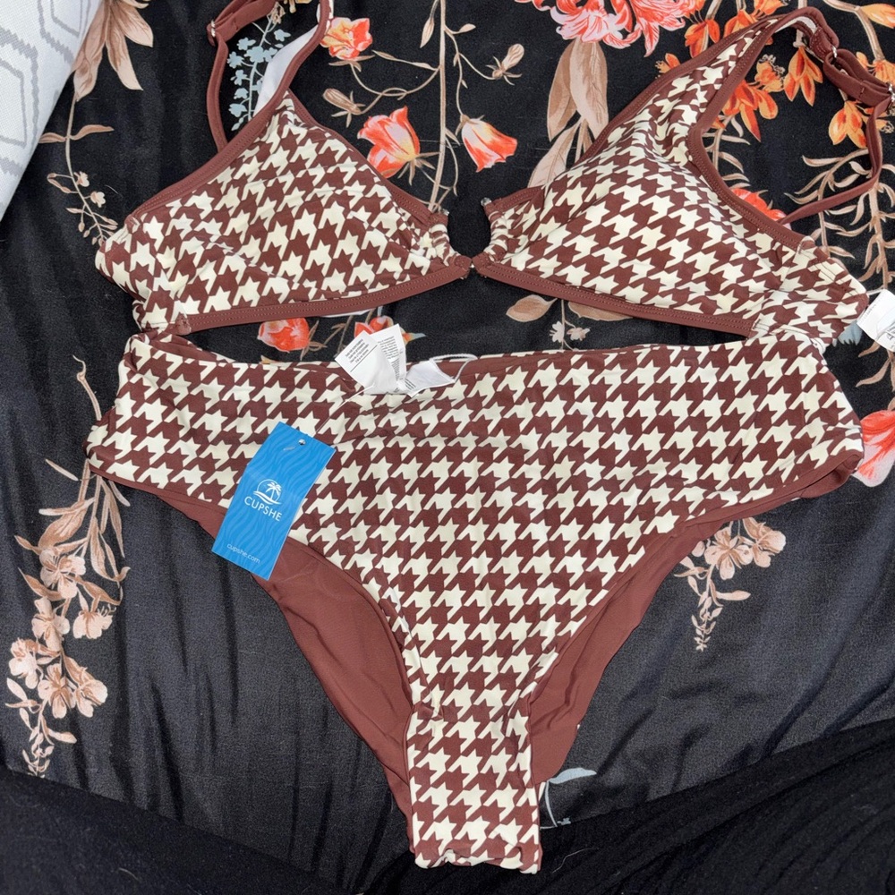 Cupshe Brown and White Houndstooth Bikini